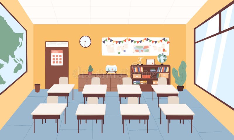 Empty Classroom at Primary School Vector Graphic Illustration. Interior