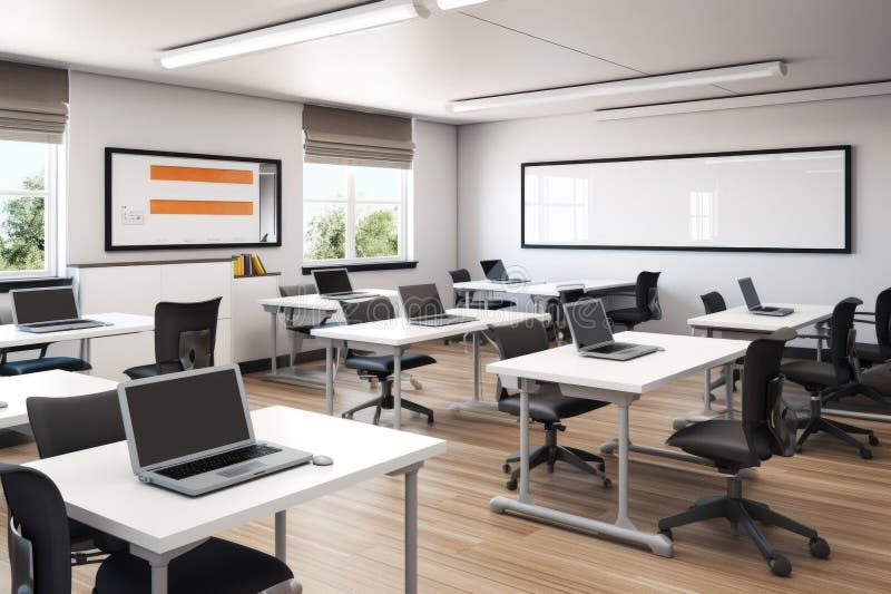 Empty classroom setup with modern and sleek furniture, including computer monitors and whiteboards stock illustration