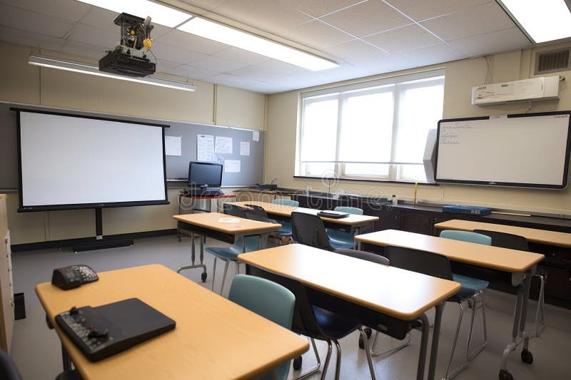 Classroom at CSU Stanislaus with projector and screen setup