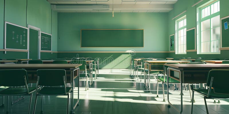 Empty Classroom with Sunlight and Green Tones stock illustration