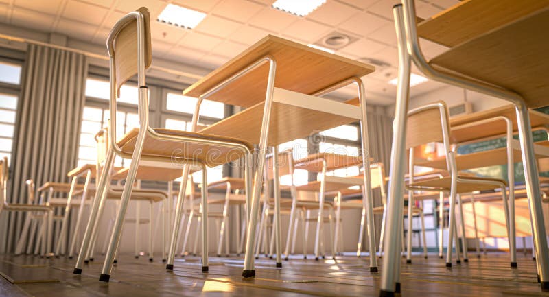 Empty classroom with wooden desks and metal chairs bathed in warm sunlight, waiting for students to arrive vector illustration