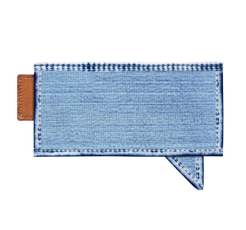 Empty comic speech bubble from denim jeans fabric texture of navy color and leather label. Isolated on white background. Copy royalty free stock photo