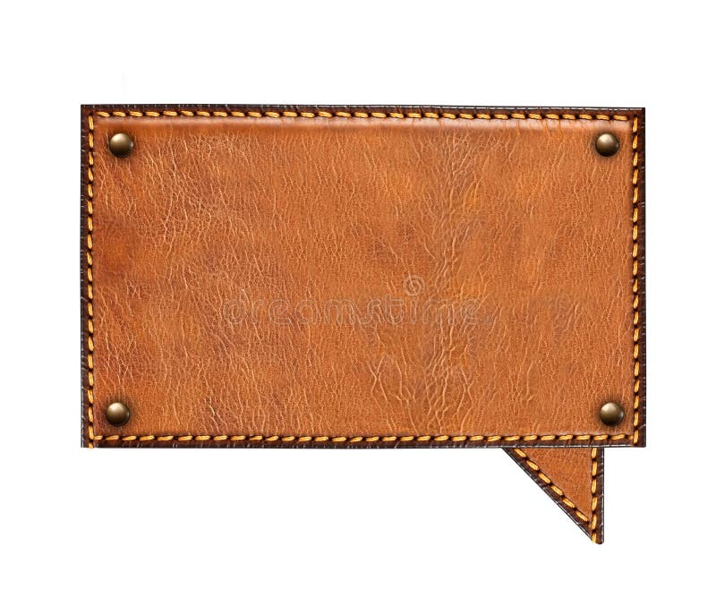 Empty comic speech bubble from leather texture of brown color. Leather tag with decorative borders and metal rivets. Isolated on royalty free stock photo