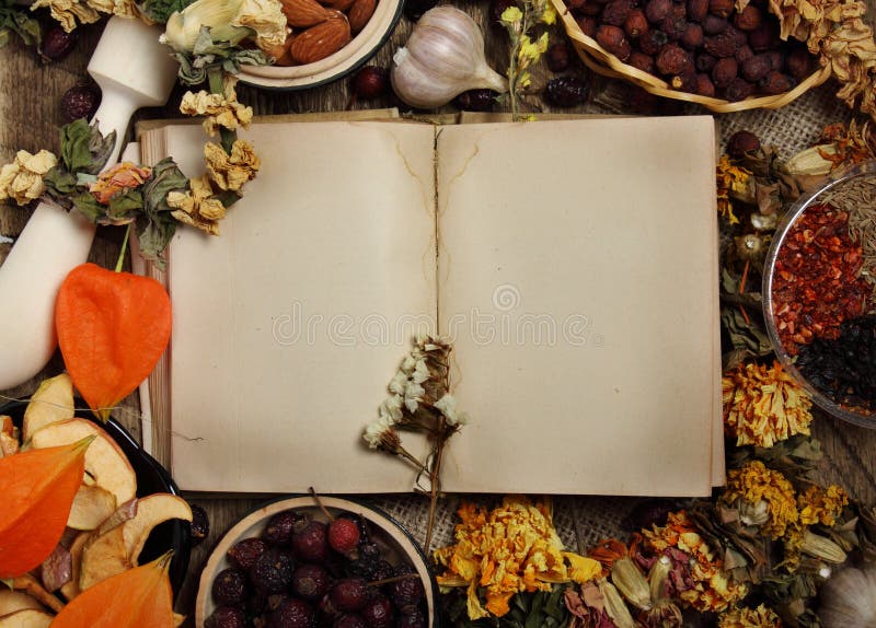 Empty cookbook with different seasoning