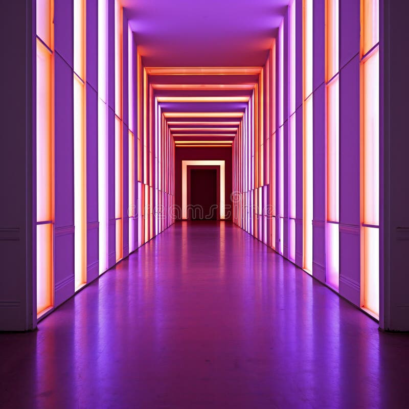 An empty corridor with neon lights in a building stock illustration