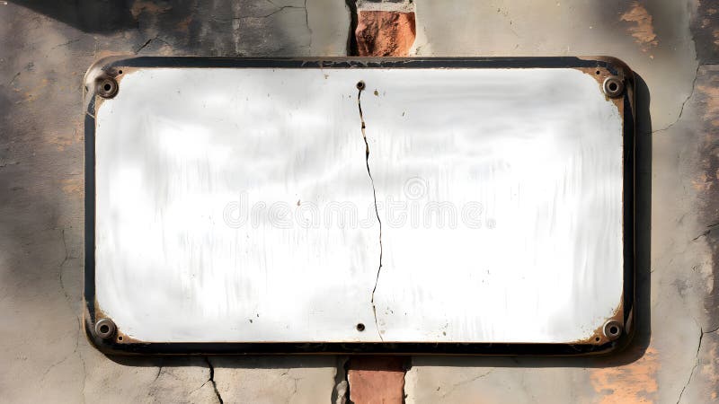 Empty cracked white rectangular plate on a damaged wall vector illustration