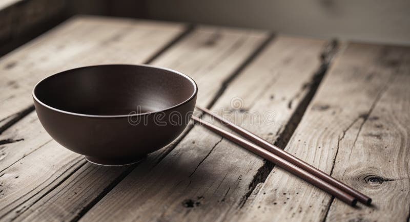 Empty Dark Brown Bowl and Chopsticks on Rustic Wooden Table stock image