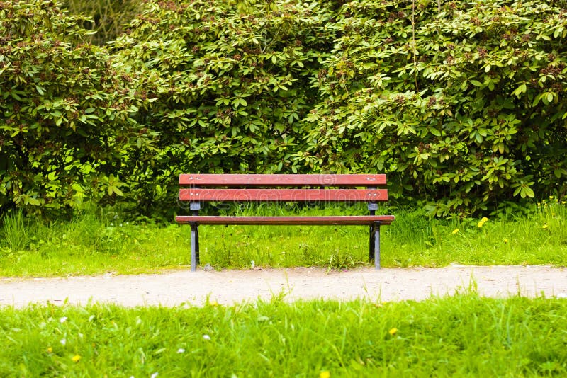 Empty dark red wooden bench in the park