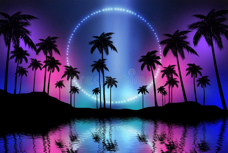 Empty dark tropical background of night sea beach, neon light, city lights. Silhouettes of tropical palm trees