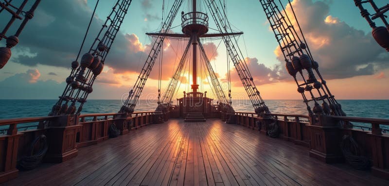 Empty deck of an old wooden pirate ship at sunset. Masts rigging ropes wooden planks extend toward ocean horizon under dramatic stock illustration