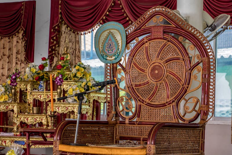 The empty decorative chair for the abbot of Buddhist monastery stock images