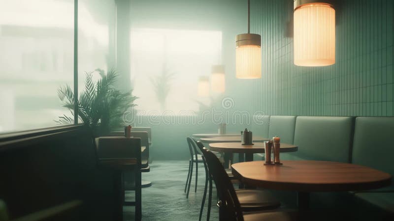 Diner interior with empty booths and tables under warm hanging lights, retro modern decor and soft ambient daylight creating a calm, nostalgic, and peaceful dining atmosphere. Nostalgic image video