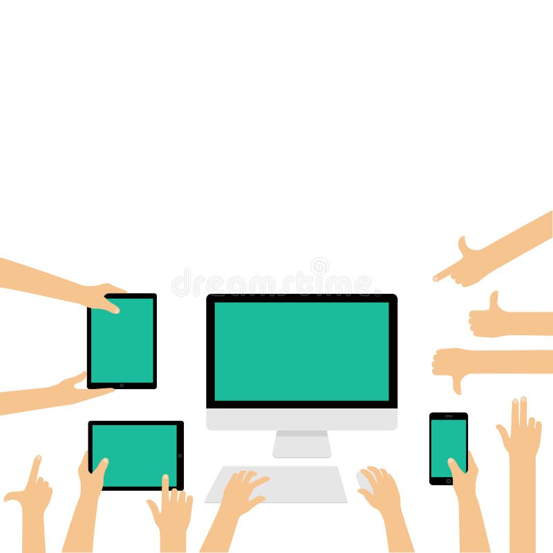 Empty display screens of different devices with hand gestures royalty free illustration Empty display screens of different devices with hand gestures royalty free illustration