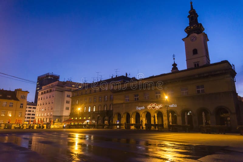 Empty Dolac Market at night, Zagreb, Croatia. Empty Dolac Market at night and church tower, Zagreb, Croatia royalty free stock photography Empty Dolac Market at night, Zagreb, Croatia. Empty Dolac Market at night and church tower, Zagreb, Croatia royalty free stock photography