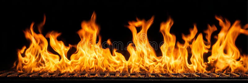 An empty fire grid on a barbecue grill with fire flames is set against a black background in this image stock image