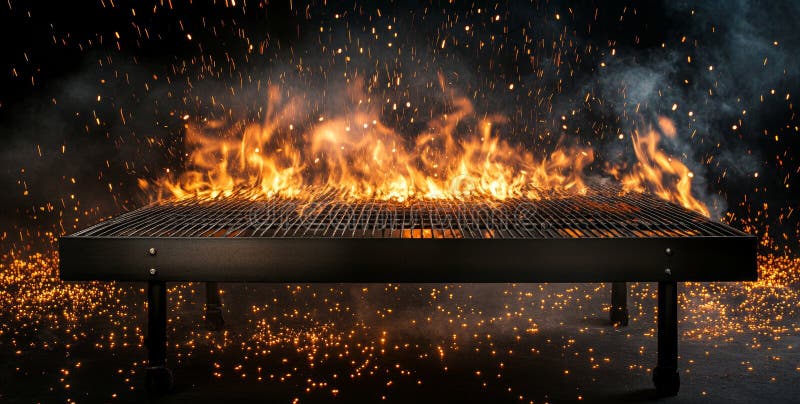 An empty fire grid on a black background with a barbecue grill holding flames stock image