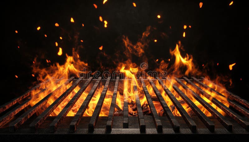 Empty Fire Grid On Black Bbq Grill With Flames - A Stylish And Modern Barbecue Grill Displaying royalty free stock images