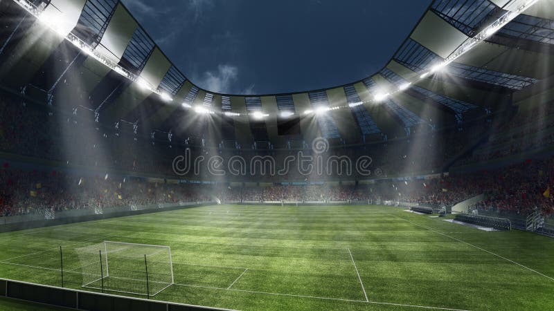 Empty football field with flashlights and dark night sky background. Stadium with filled stands with sports soccer fans.