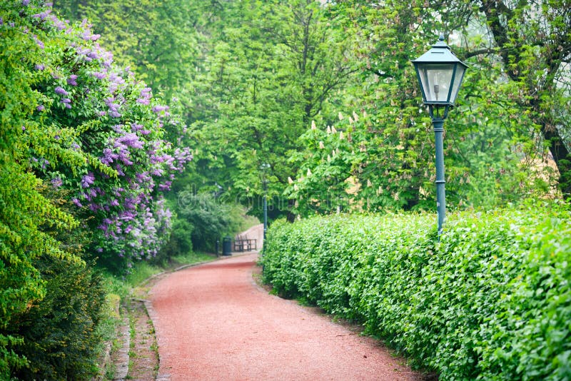 Empty footpath with a street lamp in spring season royalty free stock photos