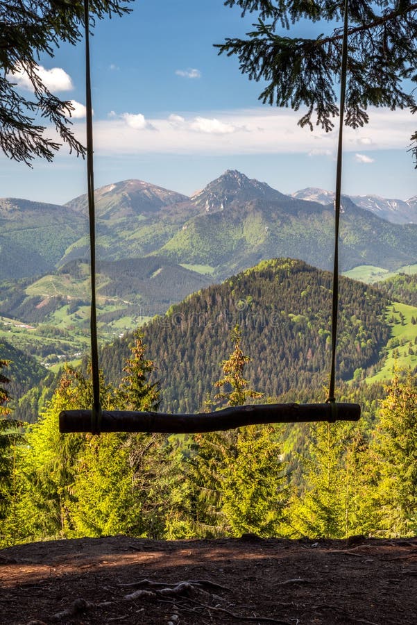 Prázdna lesná hojdačka s krásnym výhľadom na hory