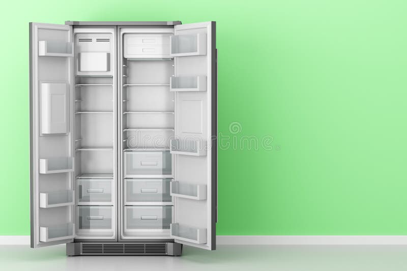 Empty fridge in front of green wall.