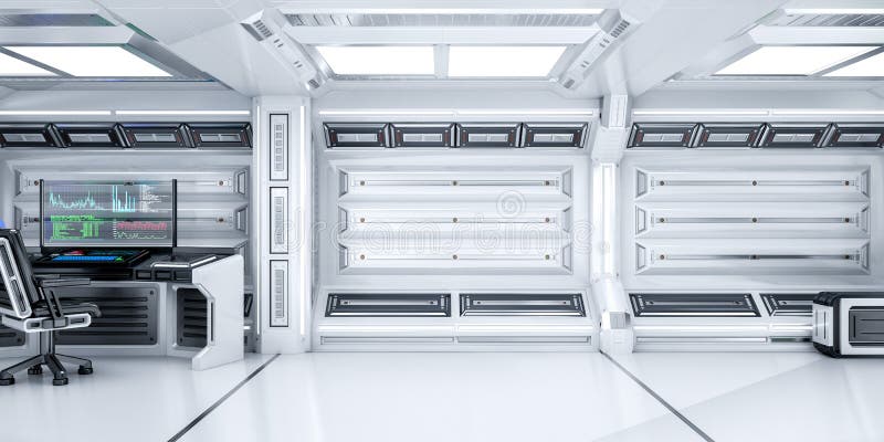 Empty Futuristic Sci-Fi Room with Open Space and Working Computer, 3d Rendering stock illustration