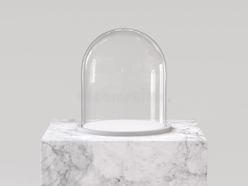 Empty glass dome with white tray on white marble podium. 3D rendering. royalty free illustration
