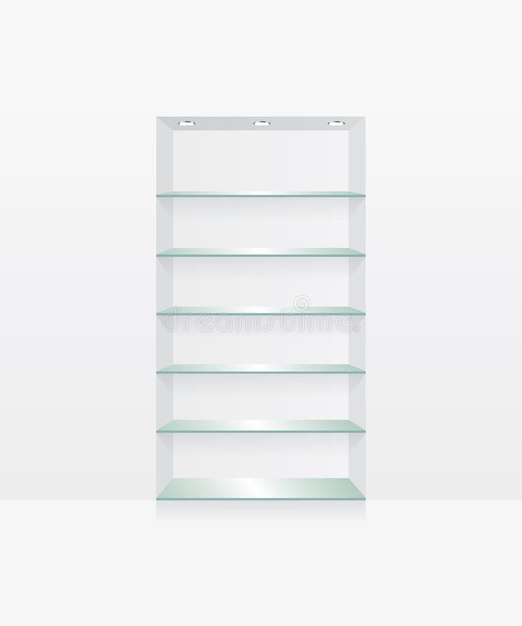 Empty glass shelves on white wall stock illustration