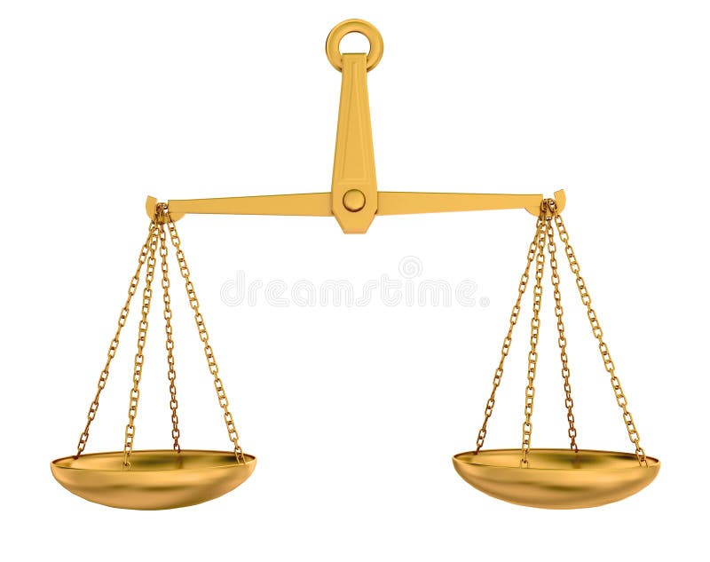 Empty gold scales isolated 3d model over white background