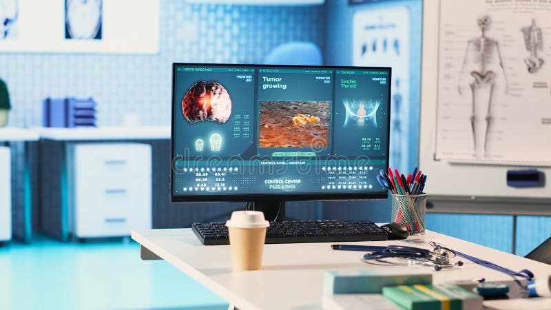 Empty hospital cabinet with instruments and gadgets set up for consultations stock images