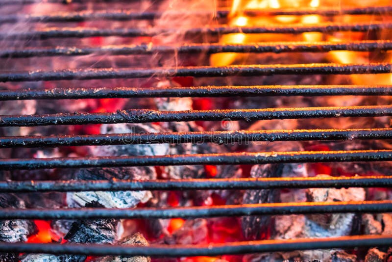 Empty Hot Charcoal Barbecue Grill with Bright Flame Stock Photo Image