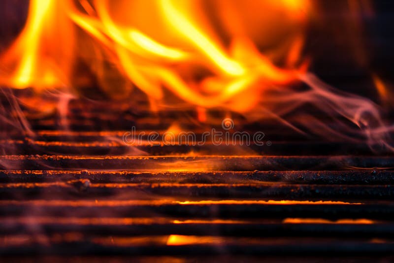 Empty Hot Charcoal Barbecue Grill with Bright Flame Stock Photo Image