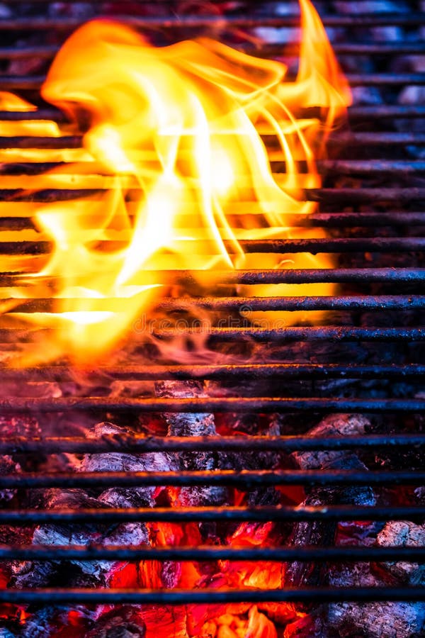 Empty Hot Charcoal Barbecue Grill with Bright Flame Stock Photo Image