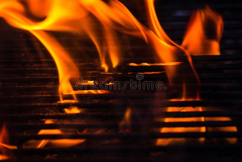 Empty Hot Charcoal Barbecue Grill with Bright Flame Stock Photo Image