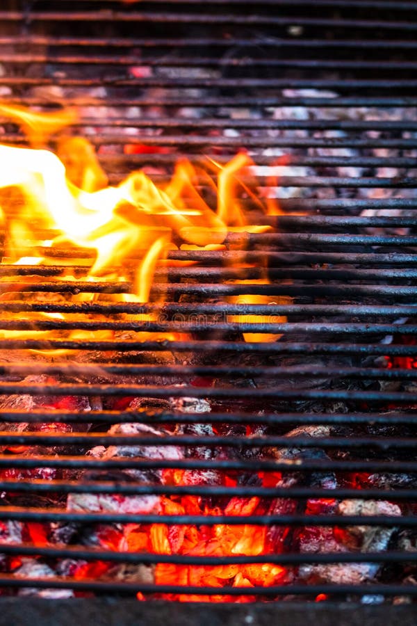 Empty Hot Charcoal Barbecue Grill with Bright Flame Stock Photo Image