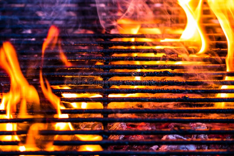 Empty Hot Charcoal Barbecue Grill with Bright Flame Stock Photo Image
