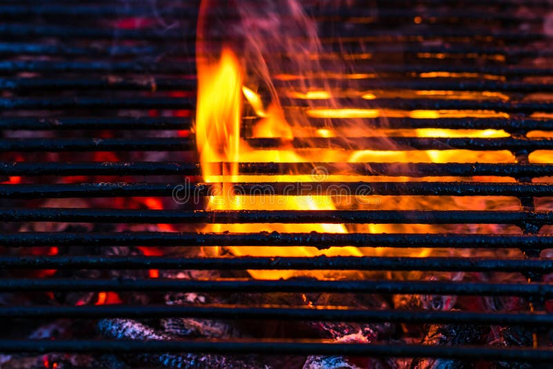 Empty Hot Charcoal Barbecue Grill with Bright Flame Stock Photo Image