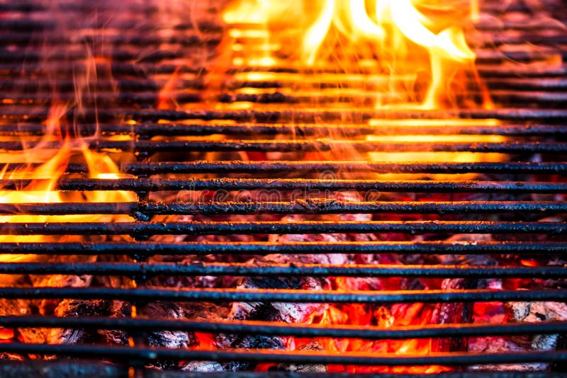 Empty Hot Charcoal Barbecue Grill with Bright Flame Stock Photo Image