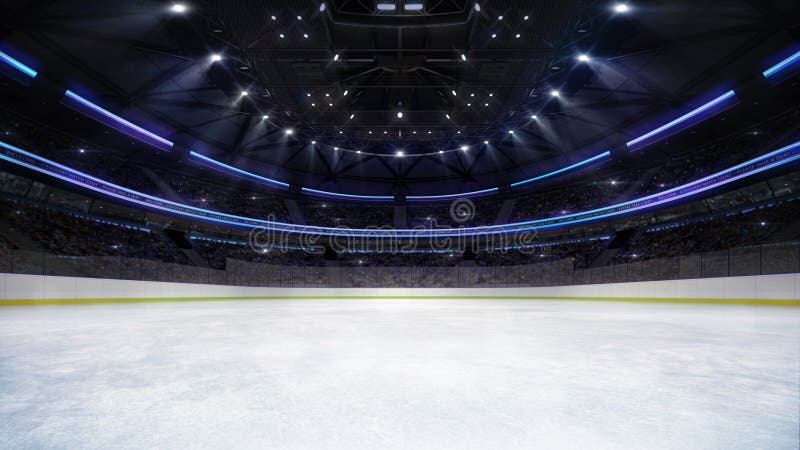 Empty ice rink arena inside view illuminated by spotlights