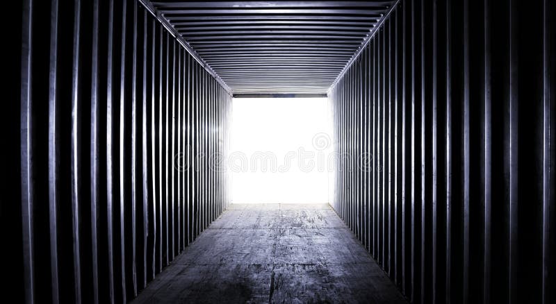Empty inside view of shipping container truck. Abstract background