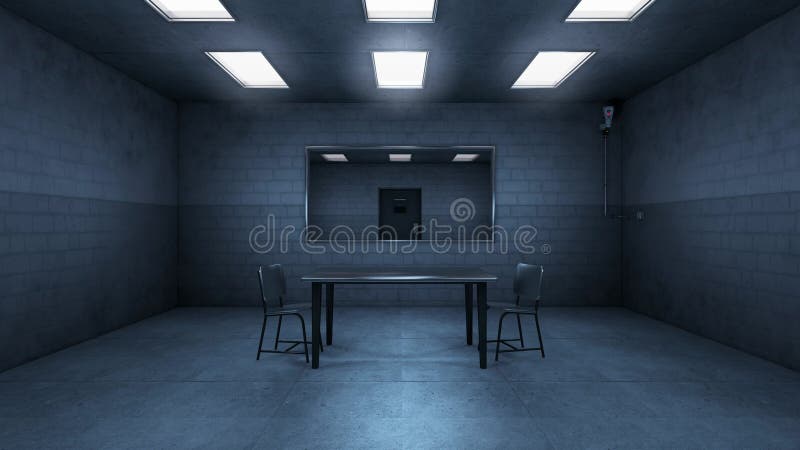 Empty interrogation room. 3d render. Seamless loop. stock illustration