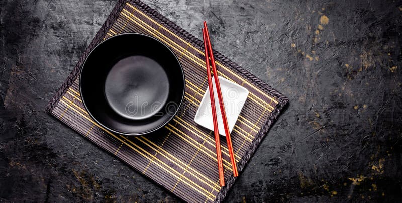 Empty Japanese Dishes. a Black Ceramic Bowl for Chinese Noodles or Thai ...