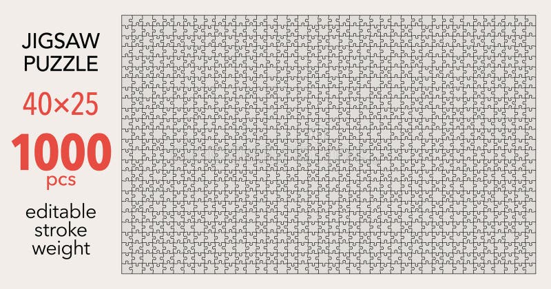 Empty jigsaw puzzle grid template, 40x25 shapes, 1000 pieces. Separate matching puzzle elements.