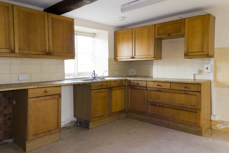 Empty Kitchen Room Interior With Wooden And Tile Floor. Stock