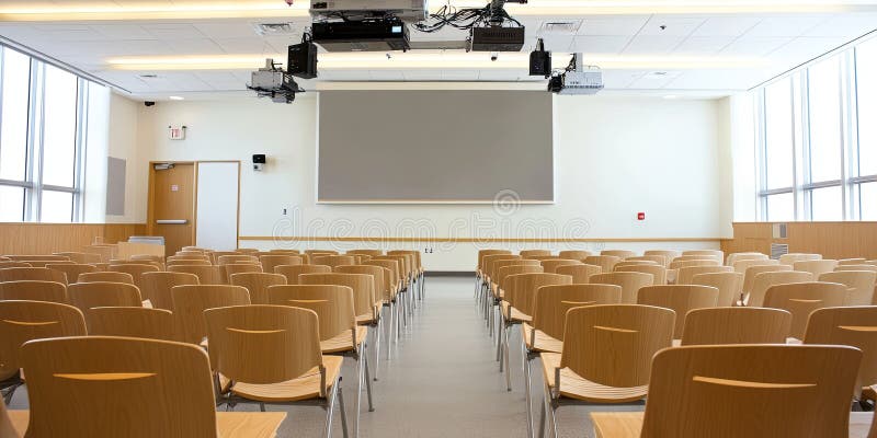 Empty lecture hall with projector screen, rows of chairs, and large windows stock illustration