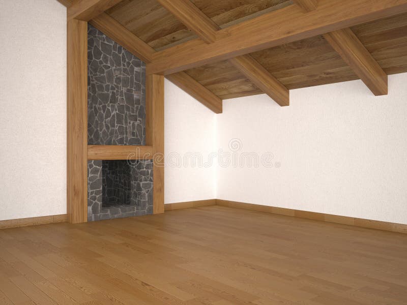 Empty living room with fireplace and roof beams vector illustration