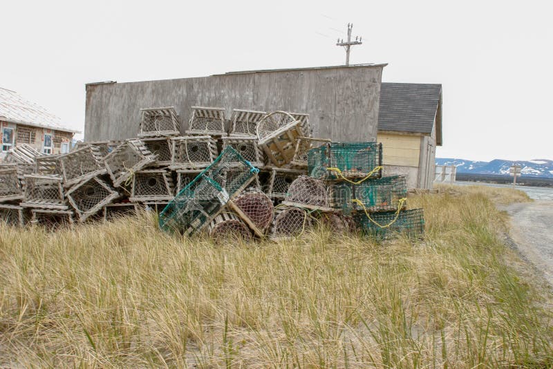 Empty Lobster and Crab Traps Along the Road in Newfoundland Stock Photo