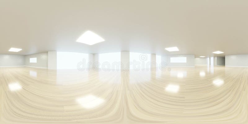 Empty room with white walls and wooden floor interior 3d rendering illustration 360 equirectangular panorama stock illustration