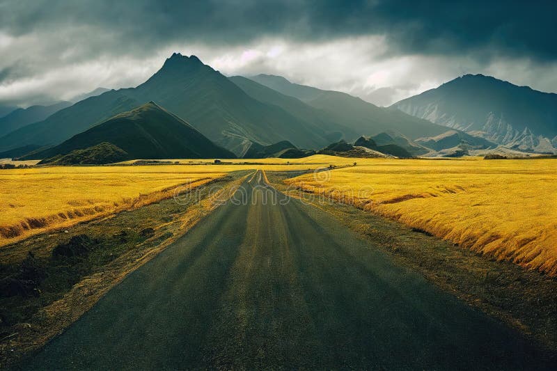 An Empty Long Road in the Middle of an Open Field. Stock Illustration