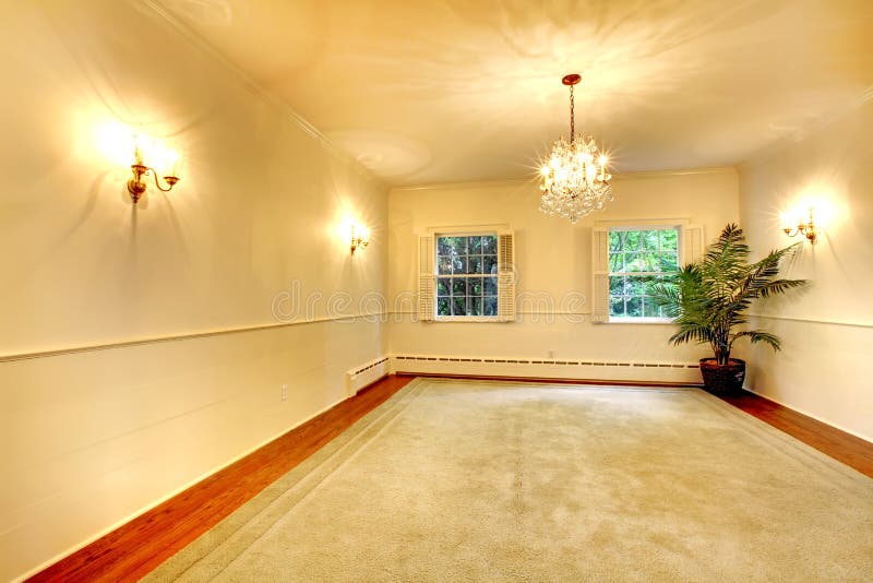 Empty Luxury Antique Large Dining Room Interior with White Walls. Stock